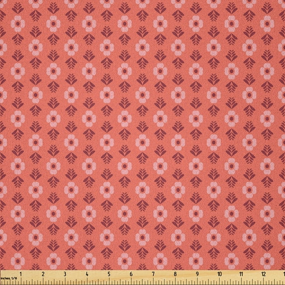 Ambesonne Coral Fabric by the Yard Microfiber, Flower Floral Romance, 2 Yards, Coral