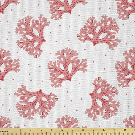 Ambesonne Coral Fabric by the Yard Microfiber, Underwater Seaweeds Dots, 2 Yards, Coral Red White