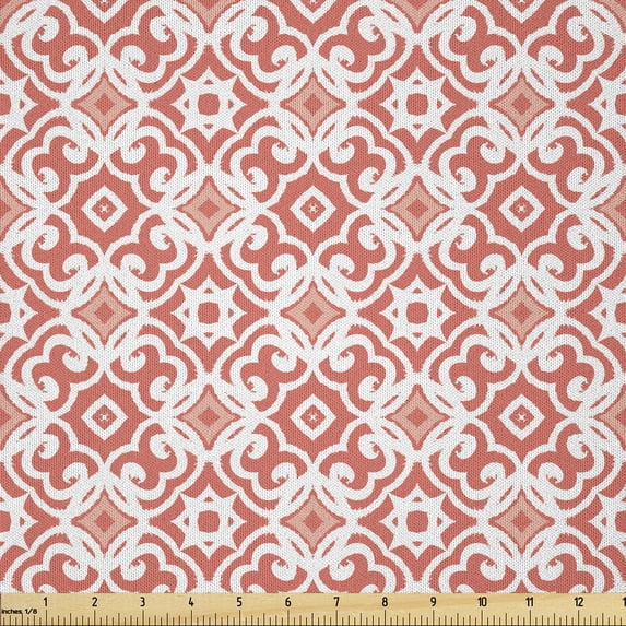 Ambesonne Coral Fabric by the Yard Microfiber, Vintage Art Deco Pattern, 5 Yards, Coral Pale Coral White