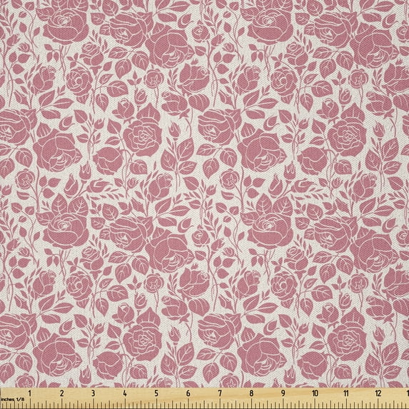 Ambesonne Coral Fabric by the Yard Microfiber, Vintage Roses Feminine, 1 Yard, Dark Coral Coconut