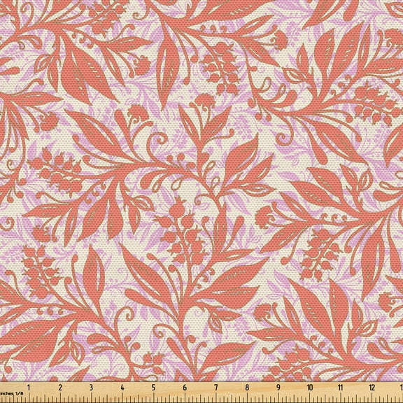 Ambesonne Coral Fabric by the Yard Upholstery, Abstract Leaves Berries Art, 1 Yard, Burnt Sienna and Soft Pink