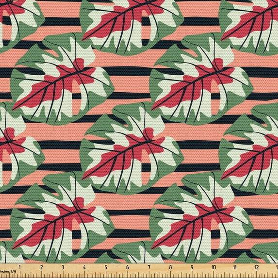 Ambesonne Coral Fabric by the Yard Upholstery, Monstera Leaves Lines Plot, 2 Yards, Dark Pink Salmon and Green
