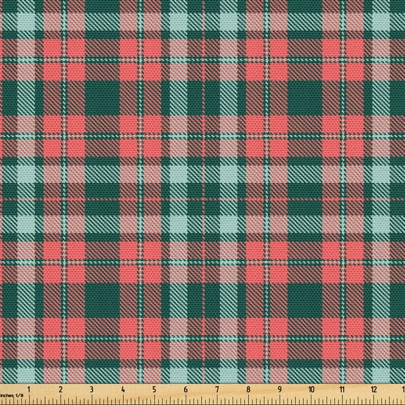 Ambesonne Coral Fabric by the Yard Upholstery, Tartan Plaid Retro Ornament, 1 Yard, Coral and Forest Green