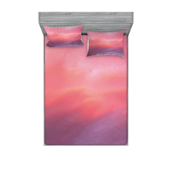 Ambesonne Coral Fitted Sheet & Pillow Sham Set, Vanilla Sky, Calking, Pale Pink Coral Lilac