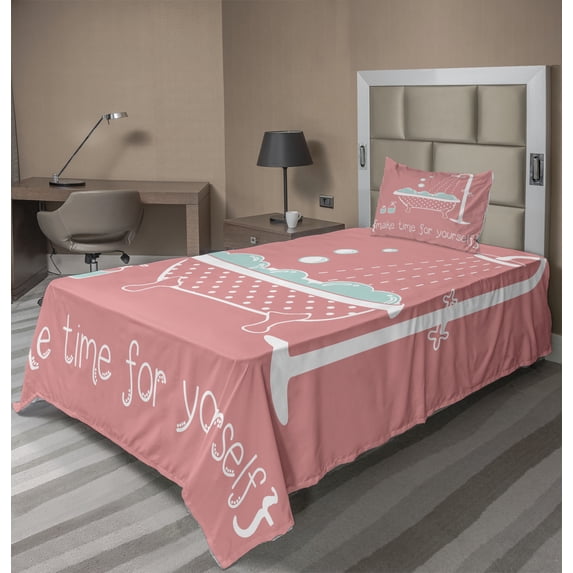 Ambesonne Coral Fitted & Top Sheet Set with Sham, Tub with Inspirational Saying, Coral and Turquoise