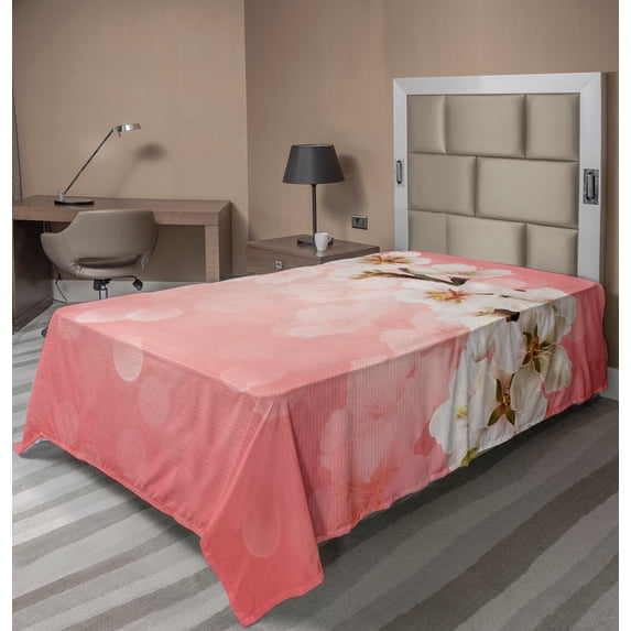 Ambesonne Coral Flat Sheet, Blossoming Sakura Branch, Twin Size, Coral Green White