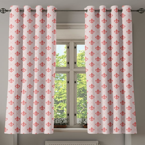 Ambesonne Coral Grommet Curtain, Checkered Fleur De Lis, 50" x 63", Pale Pink Coral