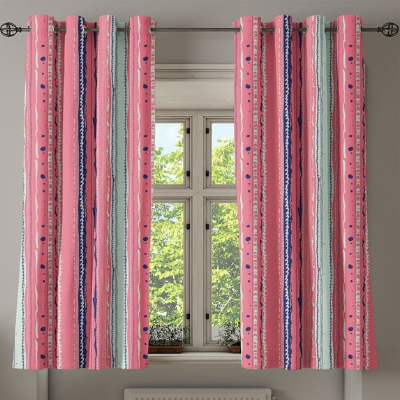 Ambesonne Coral Grommet Curtain, Doodle Lines, 50" x 63", Coral Indigo Coconut