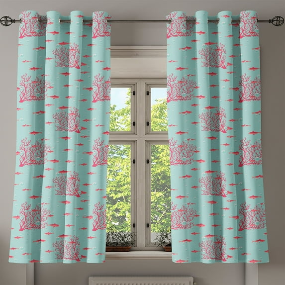 Ambesonne Coral Grommet Curtain, Fishes Coral Reef Aquatic, 50" x 54", Dark Coral Pale Blue