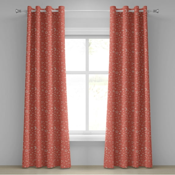 Ambesonne Coral Grommet Curtain, Moon and Stars Space, 50" x 108", Coral White