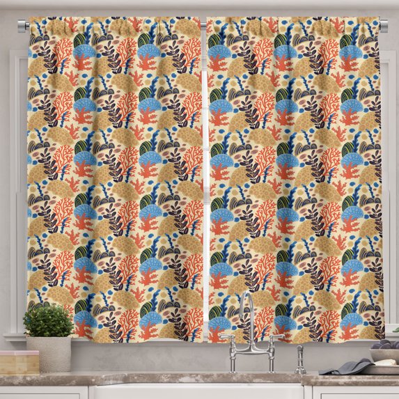 Ambesonne Coral Kitchen Curtains, Colorful Underwater Motifs, 55"x36", Champagne Sea Blue Coral