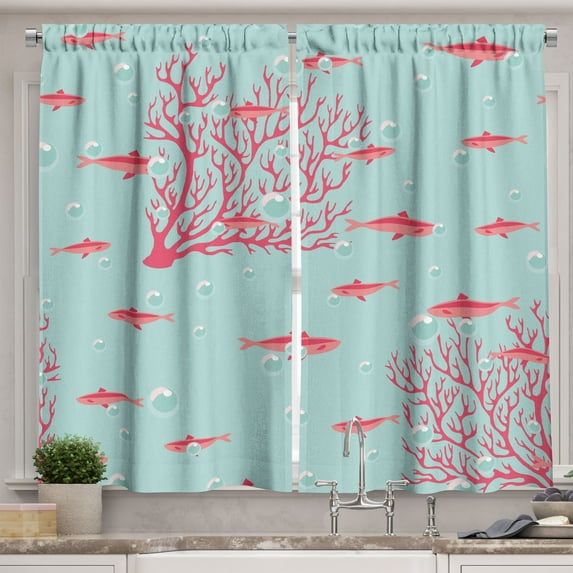 Ambesonne Coral Kitchen Curtains, Fishes Coral Reef Aquatic, 55"x39", Dark Coral Pale Blue