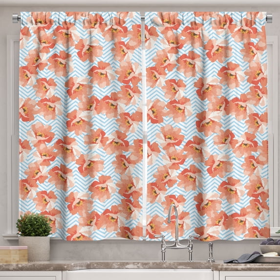 Ambesonne Coral Kitchen Curtains, Romantic Poppy Flowers, 55"x39", Coral Pale Blue Yellow