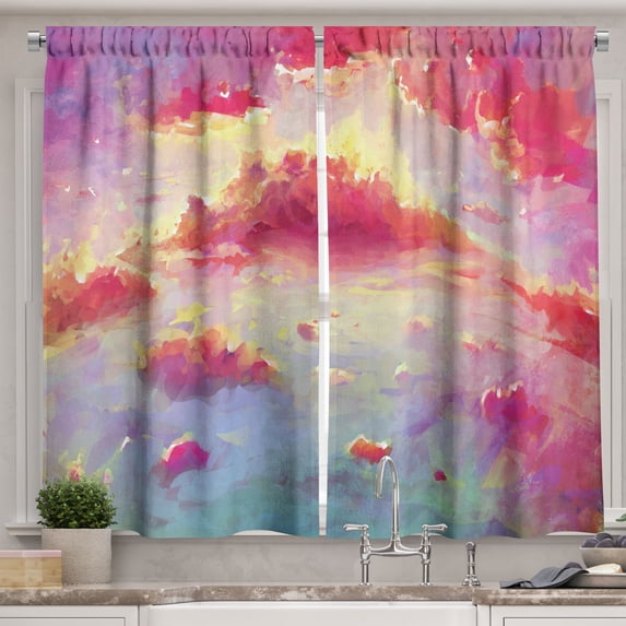 Ambesonne Coral Kitchen Curtains, Vibrant Clouds Scenic, 55"x39", Coral Purple Pale Blue