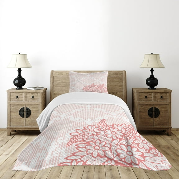 Ambesonne Coral Quilted Bedspread Set 2 Pcs, Antique Royal Bouquet, Twin Size, Coral Pale Pink