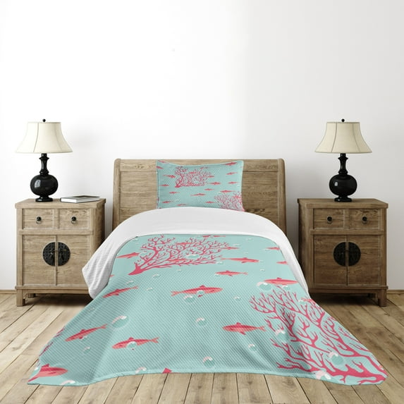 Ambesonne Coral Quilted Bedspread Set 2 Pcs, Fishes Coral Reef Aquatic, Twin Size, Dark Coral Pale Blue