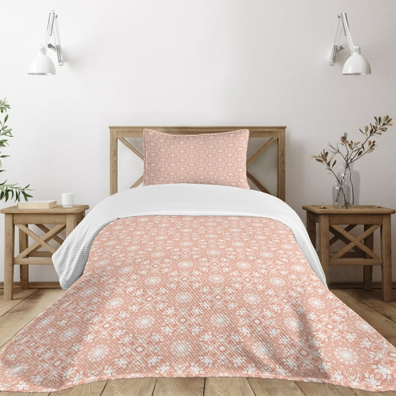 Ambesonne Coral Quilted Bedspread Set 2 Pcs, Flourish Mandala Illustration, Twin Size, White and Coral