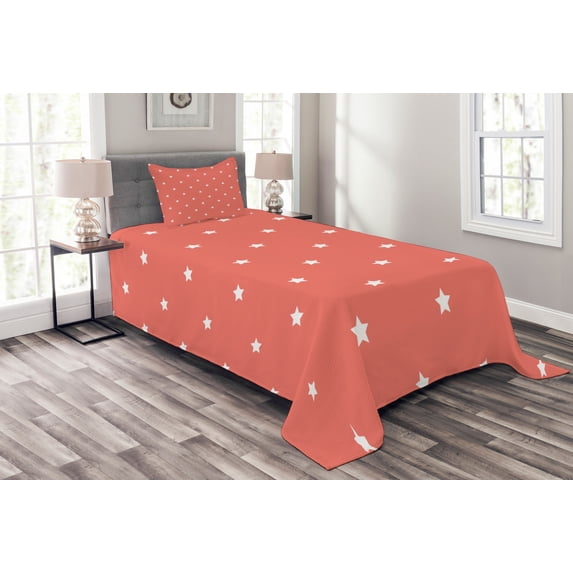 Ambesonne Coral Quilted Bedspread Set 2 Pcs, Stars Outer, Twin Size, Coral White