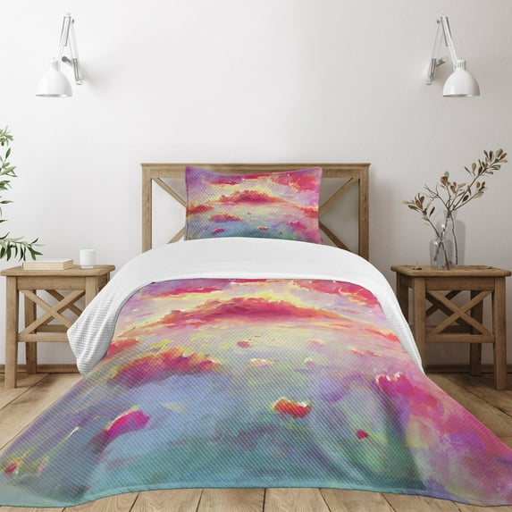Ambesonne Coral Quilted Bedspread Set 2 Pcs, Vibrant Clouds Scenic, Twin Size, Coral Purple Pale Blue