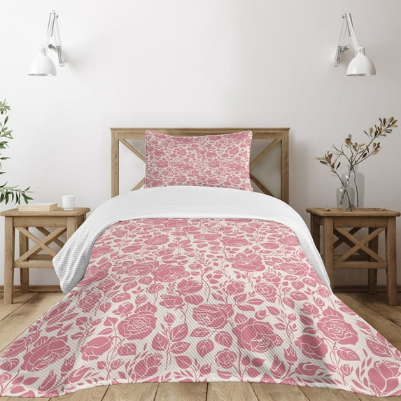 Ambesonne Coral Quilted Bedspread Set 2 Pcs, Vintage Roses Feminine, Twin Size, Dark Coral Coconut
