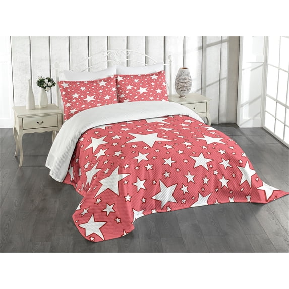 Ambesonne Coral Quilted Bedspread Set 3 Pcs, Big Small Vibrant Stars, Queen Size, Coral Red White