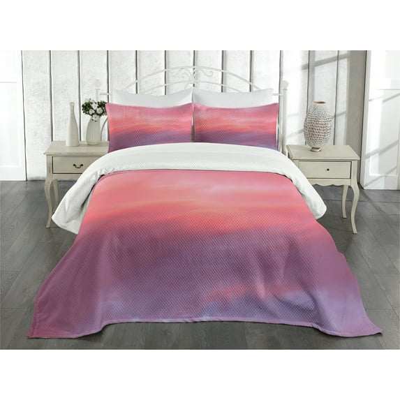 Ambesonne Coral Quilted Bedspread Set 3 Pcs, Vanilla Sky, Queen Size, Pale Pink Coral Lilac