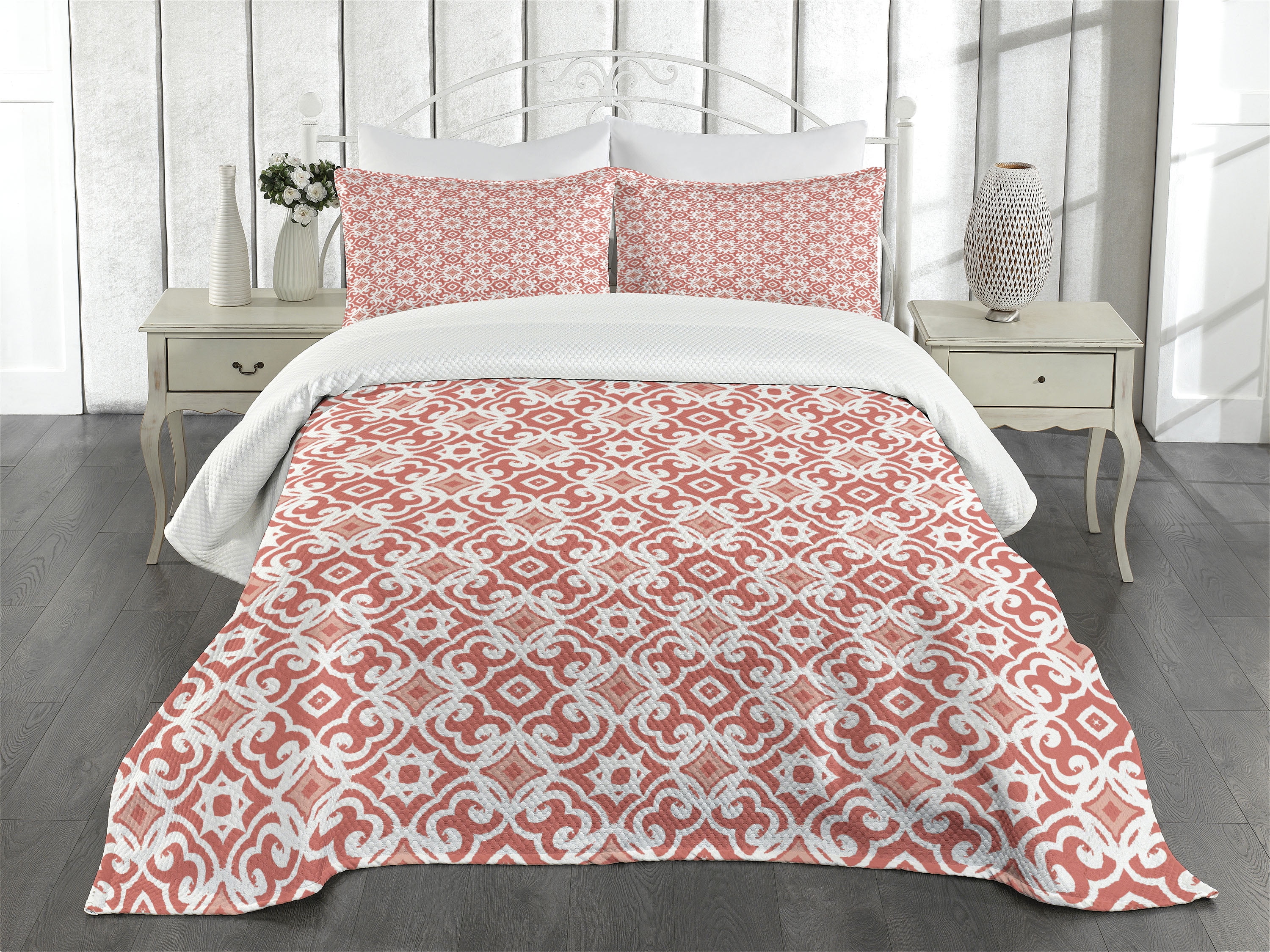 Coral and White Art Deco Queen Bedspread Set