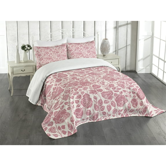 Ambesonne Coral Quilted Bedspread Set 3 Pcs, Vintage Roses Feminine, Queen Size, Dark Coral Coconut