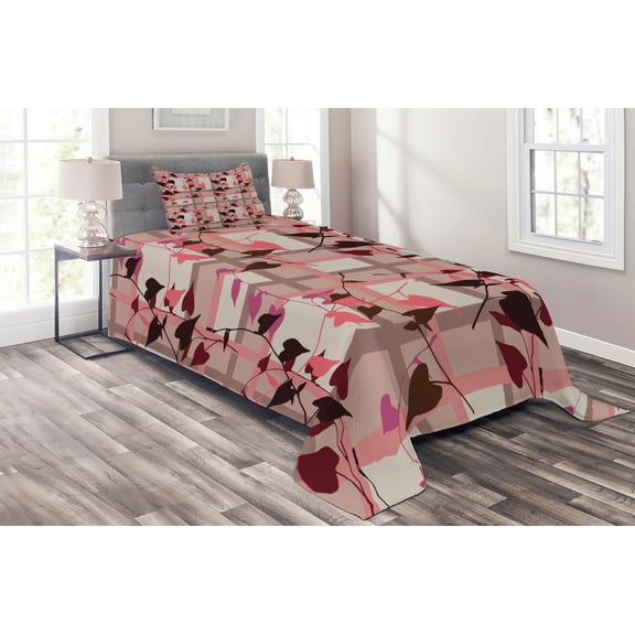 Ambesonne Coral Quilted Coverlet 2 Pcs, Heart Swirling Leaves, Twin Size, Coral Grey