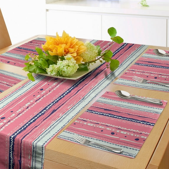 Ambesonne Coral Table Runner & Placemats, Doodle Lines, Placemat 4 pcs + Runner 14"x72", Coral Indigo Coconut