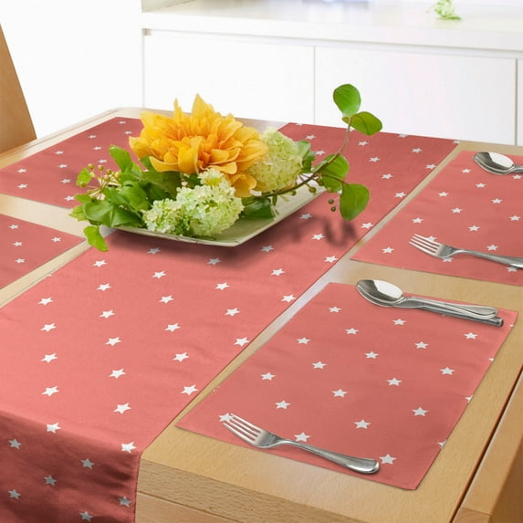 Ambesonne Coral Table Runner & Placemats, Stars Outer, Placemat 4 pcs + Runner 16"x90", Coral White