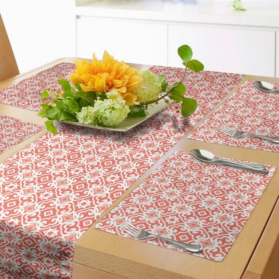 Ambesonne Coral Table Runner & Placemats, Vintage Art Deco Pattern, Placemat 4 pcs + Runner 16"x72", Coral Pale Coral White