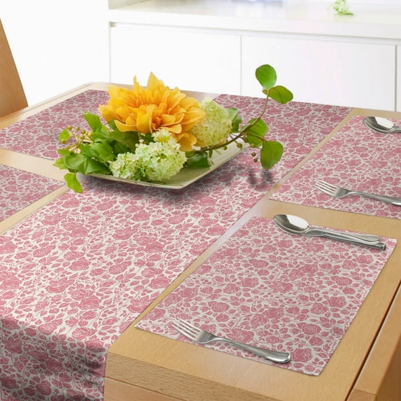 Ambesonne Coral Table Runner & Placemats, Vintage Roses Feminine, Placemat 4 pcs + Runner 12"x90", Dark Coral Coconut