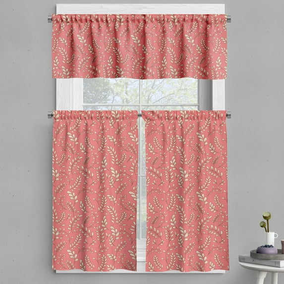 Ambesonne Coral Valance & Curtain, Leaves Twigs Botanical, 55"x30", Coral Peach Black