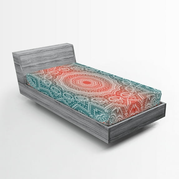 Ambesonne Coral and Teal Fitted Sheet 2 Pcs Set, Modern Mandala, Twin, Coral Teal