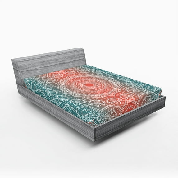 Ambesonne Coral and Teal Fitted Sheet, Modern Mandala, Queen Size, Coral Teal