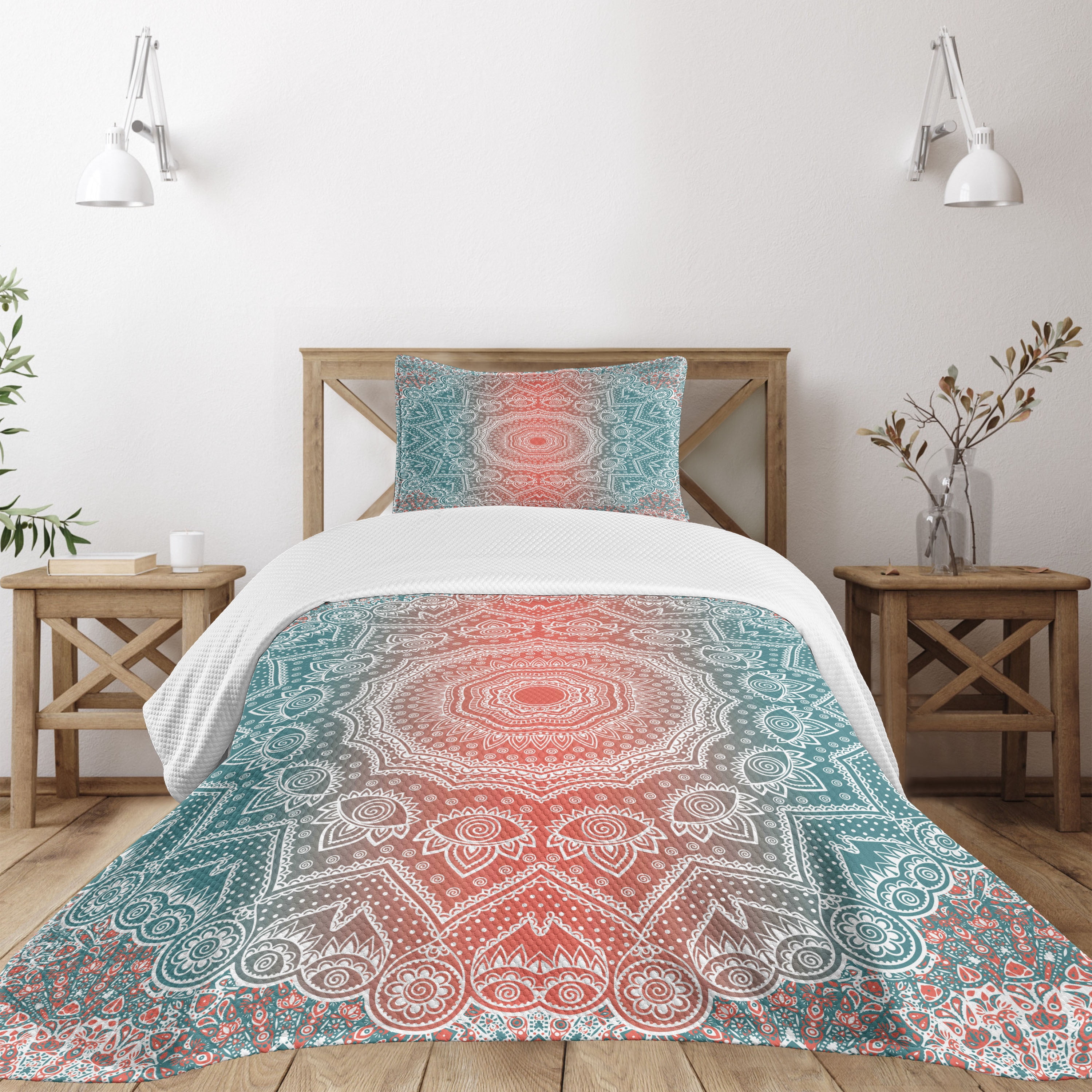 Twin White Quilted Mandala Bedspread Set with Pillow Sham