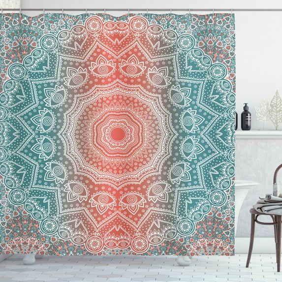 Ambesonne Coral and Teal Shower Curtain, Modern Mandala, 69"Wx84"L, Coral Teal