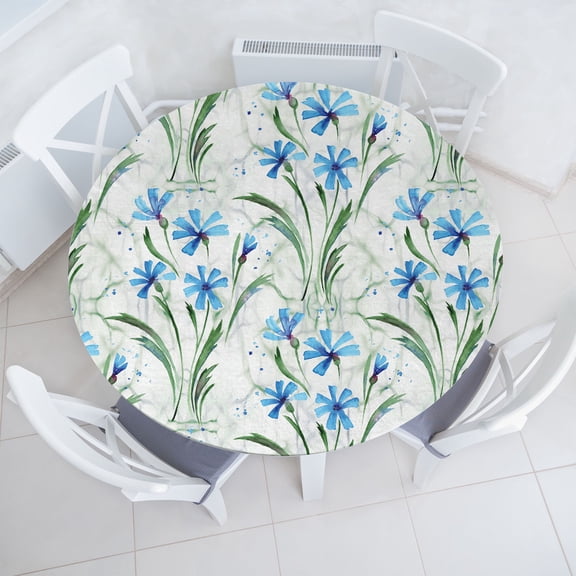Ambesonne Cornflowers Fitted Round Tablecloth, Spring Floral Boho Art, 45"- 56" Diameter, Azure Blue Jade Green