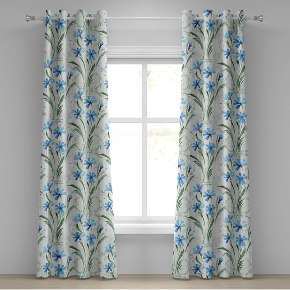 Ambesonne Cornflowers Grommet Curtain, Spring Floral Boho Art, 50"x108", Azure Blue Jade Green