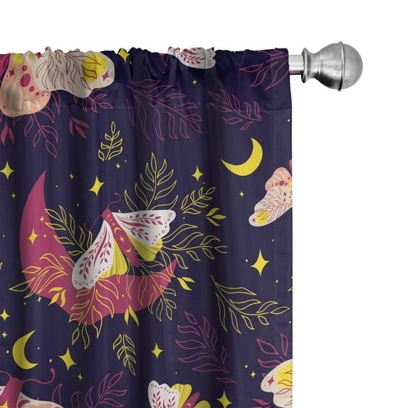 Ambesonne Cosmic Moth Curtains, Vintage Fairycore Print, Pair of 28"x63", Indigo Magenta Yellow