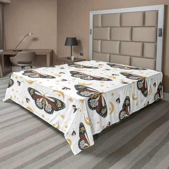 Ambesonne Cosmic Moth Flat Bedding Sheet Soft Top Sheet, Boho Astrology Wing Art, Full, Charcoal Grey Pale Camel