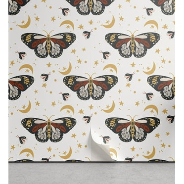 Ambesonne Cosmic Moth Peel & Stick Wallpaper for Home, Boho Astrology Wing Art, 13"x36", Charcoal Grey Pale Camel