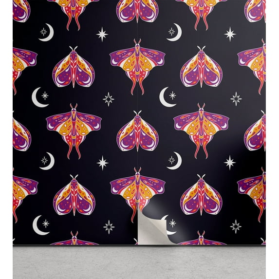 Ambesonne Cosmic Moth Peel & Stick Wallpaper for Home, Celestial Wings Art, 13"x100", Dark Indigo White Purple