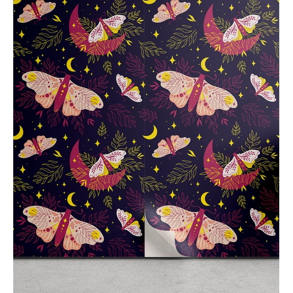 Ambesonne Cosmic Moth Peel & Stick Wallpaper for Home, Vintage Fairycore Print, 13"x36", Indigo Magenta Yellow