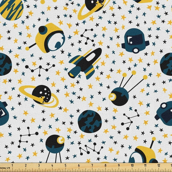 Ambesonne Cosmic Space Fabric by the Yard Upholstery, Aliens Stars and Earth, 1 Yard, Mustard Petrol Blue Black