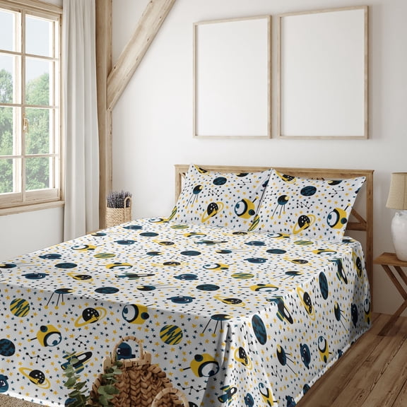 Ambesonne Cosmic Space Fitted & Flat Sheet with Shams 4 Pcs Set, Aliens Stars and Earth, King, Mustard Petrol Blue Black