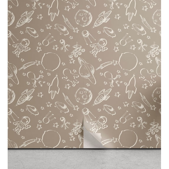 Ambesonne Cosmic Space Peel & Stick Wallpaper for Home, Ufo Alien Planets Star, 13"x100", Pale Sepia Off White