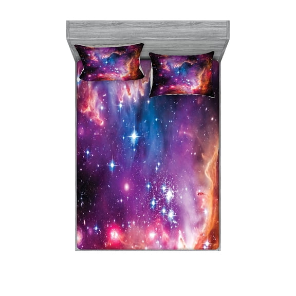 Ambesonne Cosmos Fitted Sheet & Pillow Sham Set, Magellanic Cloud Stars, King, Purple Blue Orange