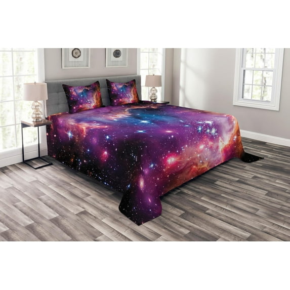 Ambesonne Cosmos Quilted Bedspread Set 3 Pcs, Magellanic Cloud Stars, Queen Size, Purple Blue Orange